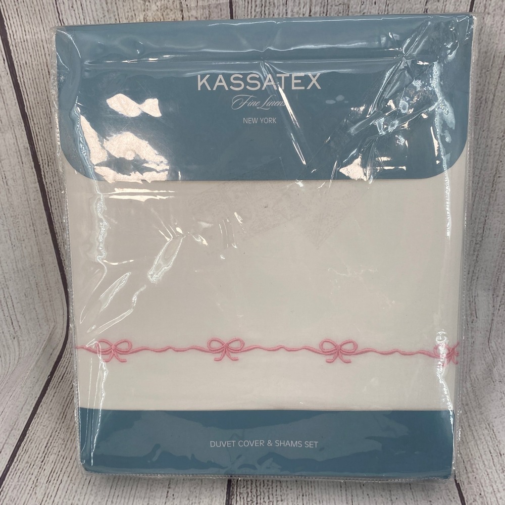 Kassatex Duvet Cover Set King White Pink Embroidered Bows 100% Cotton Percale